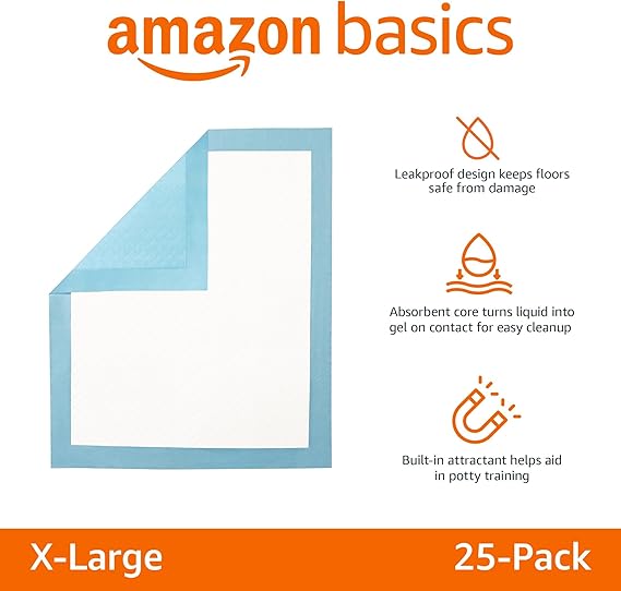Basics Dog and Puppy Pee Pads with 5-Layer Leak-Proof Design and Quick-Dry Surface for Potty Training, Heavy Duty Absorbency, X-Large, 28 x 34 Inch - Pack of 25, Blue & White