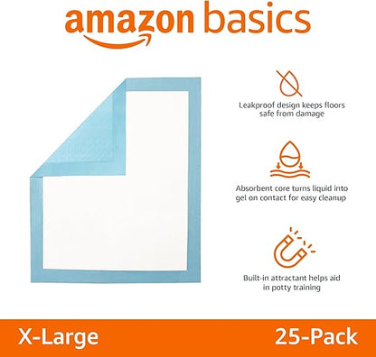 Basics Dog and Puppy Pee Pads with 5-Layer Leak-Proof Design and Quick-Dry Surface for Potty Training, Heavy Duty Absorbency, X-Large, 28 x 34 Inch - Pack of 25, Blue & White