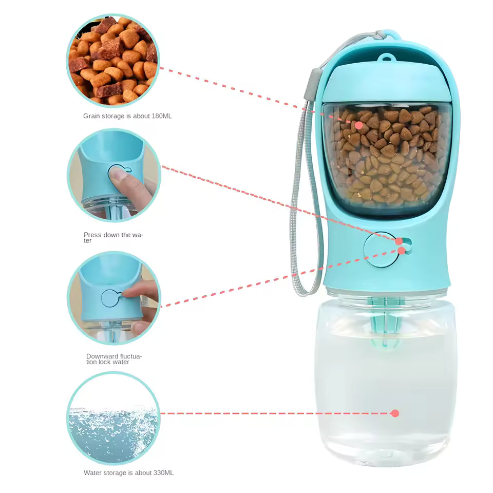 Portable 2-in-1 Dog Cat Water Bottle - Food and Water Container for Travel